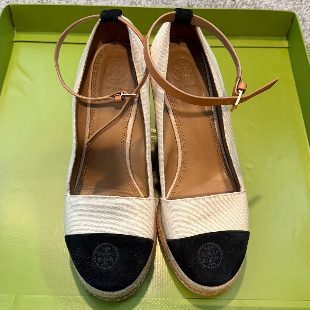 Tory Burch Black And Cream Ankle Strap Espadrilles